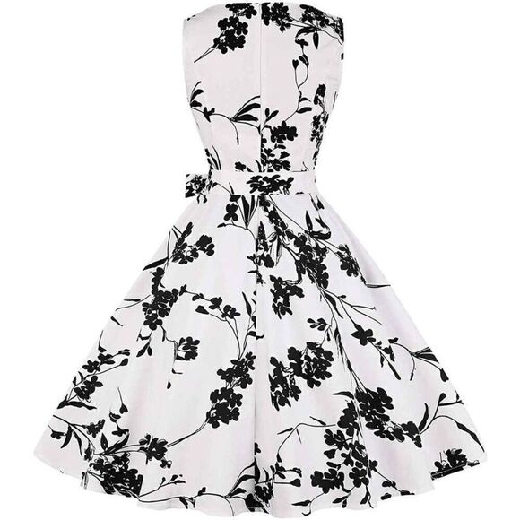 🖤🤍 Pinup Retro Vintage 1950s Floral White Rockabilly Dress w/Belt NEW L - Picture 2 of 15